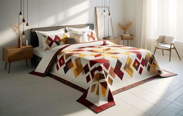 a handmade quilt with geometric patterns draped over a bed
